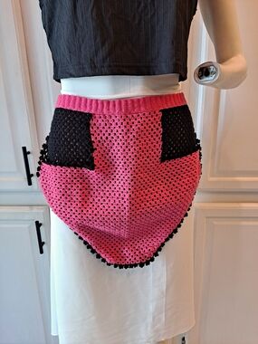 Artisan Pink Black Crochet Apron W/Scalloped Lace Edge Vintage-inspired Retro